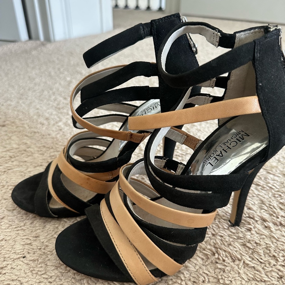 Michael Kors Black and Tan Strappy Heels